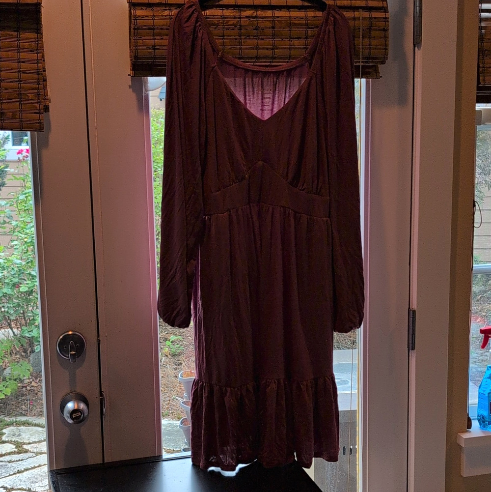 Torrid Women's Burgundy Solid V-Neck Long Sleeve Jersey Ruffle Dress 2XL